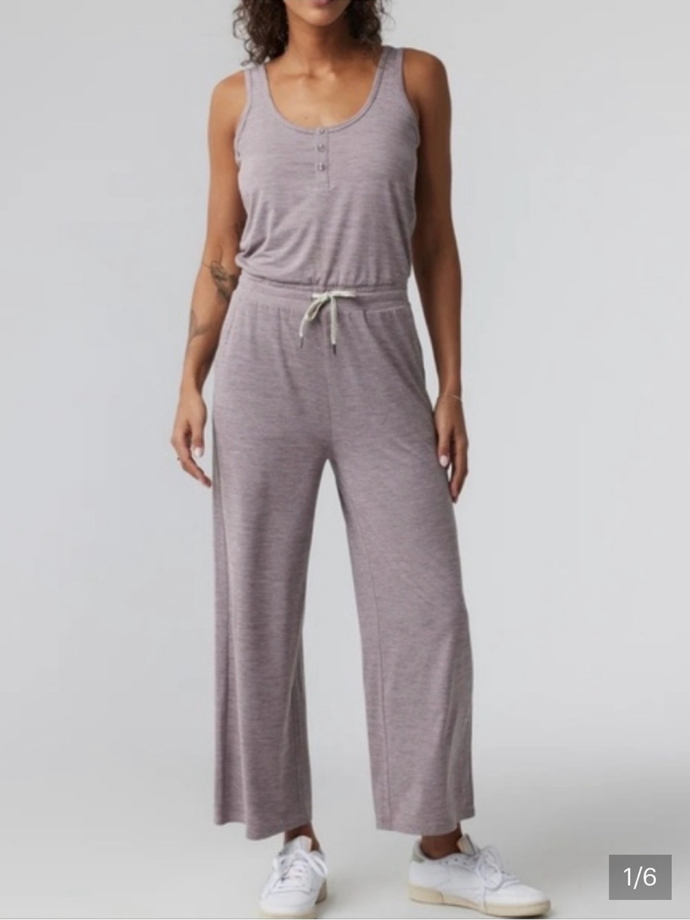 Vuori Sleeveless Henley Jumpsuit in Dusty Lavender